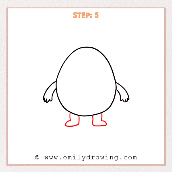 how to draw an egg - Step 5 of how to draw an egg adds two short legs under the egg and rounded shoes pointing slightly outward.