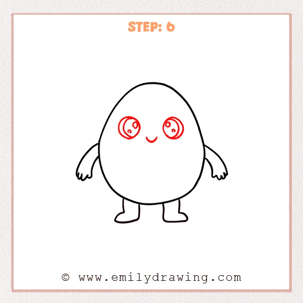 how to draw an egg - Step 6 of how to draw an egg adds two big sparkling eyes with highlights and a small curved smile on the egg’s face.
