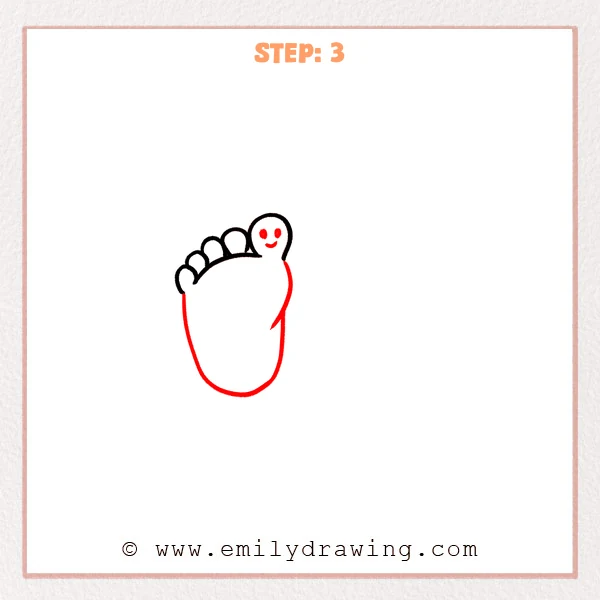how to draw a feet - A how to draw feet step showing a full footprint outline around the toes and a cute face drawn on the big toe.