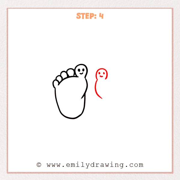 how to draw a feet - A how to draw feet step with bold, clean outlines on the footprint and a small smiling buddy character beside it.