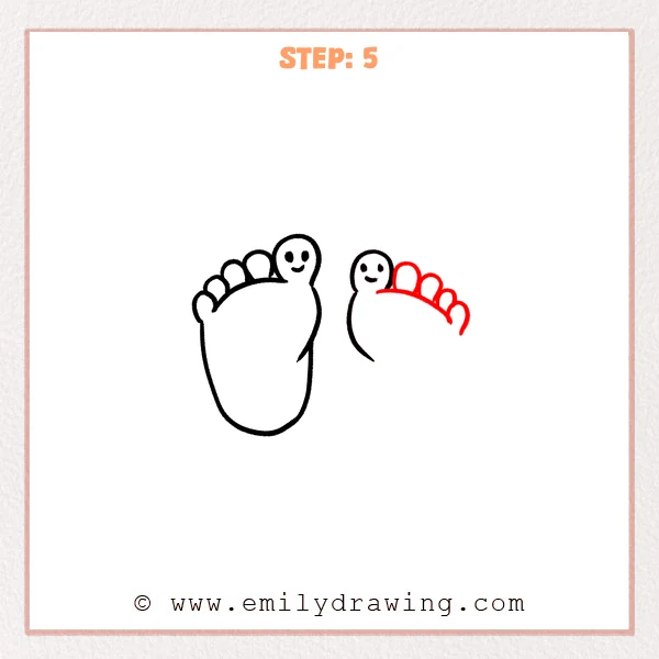how to draw a feet - A step in how to draw feet adding a second footprint’s toe row beside the first, with rounded toes and a curved toe-base line.