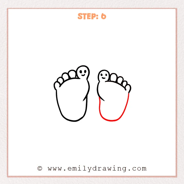 how to draw a feet - A how to draw feet step adding the full rounded sole outline for the second footprint, including a gentle arch dip, beside the first footprint.