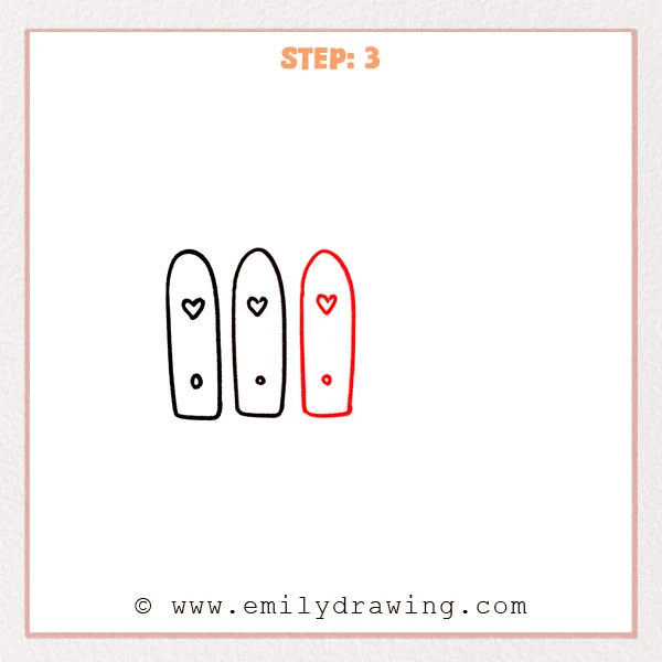 how to draw a fence - Three fence posts in a row, each with a heart detail and a small circle near the bottom.