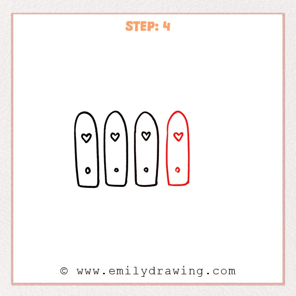 how to draw a fence - Four fence posts lined up evenly, each with a heart near the top and a small circle near the bottom.