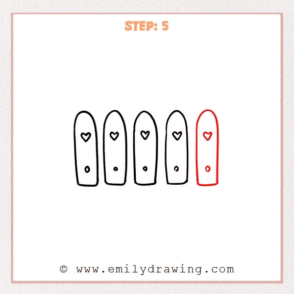 how to draw a fence - Five fence posts in a row, each decorated with a heart and a small circle.