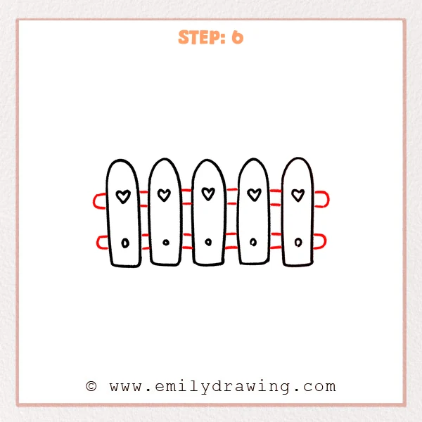 how to draw a fence - A simple fence with five rounded posts connected by two horizontal rails drawn behind them.