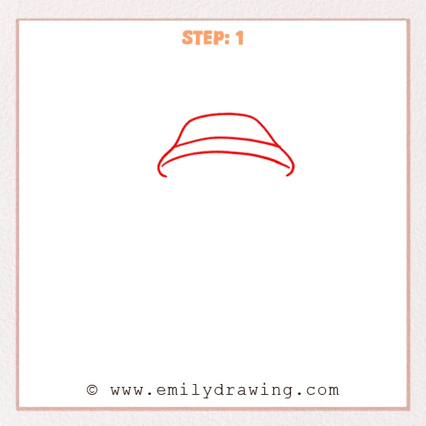 how to draw a fishing - Step 1 of a fishing cat drawing tutorial shows a simple outline of a fishing hat with a rounded crown, a band line, and a wide curved brim.