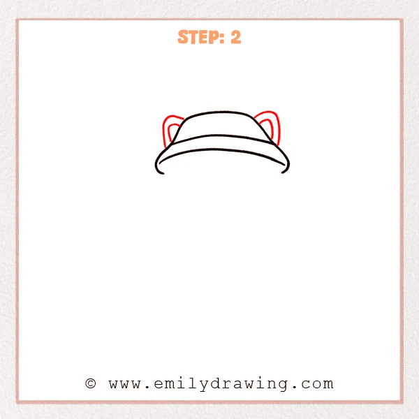 how to draw a fishing - Step 2 of a fishing cat drawing tutorial shows the fishing hat outline traced darker, with two rounded side loops added behind the hat, each with an inner curve for thickness.