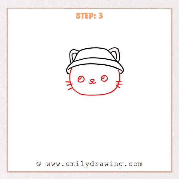 how to draw a fishing - Step 3 of a fishing cat drawing tutorial shows a cute cat face added under the fishing hat, including a rounded head outline, two shiny eyes, a small nose and mouth, and whiskers.