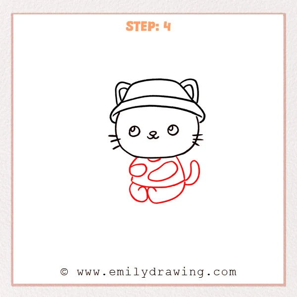 how to draw a fishing - Step 4 of a fishing cat drawing tutorial shows a cute cat under a fishing hat with a small shirt body added, two oval paws in front, a curved tail on the right, and simple sitting legs.
