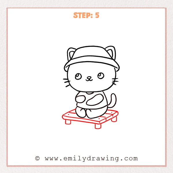 how to draw a fishing - Step 5 of a fishing cat drawing tutorial shows the cat sitting on a simple wooden stool, with a rounded rectangular seat, plank lines on top, and short legs underneath.