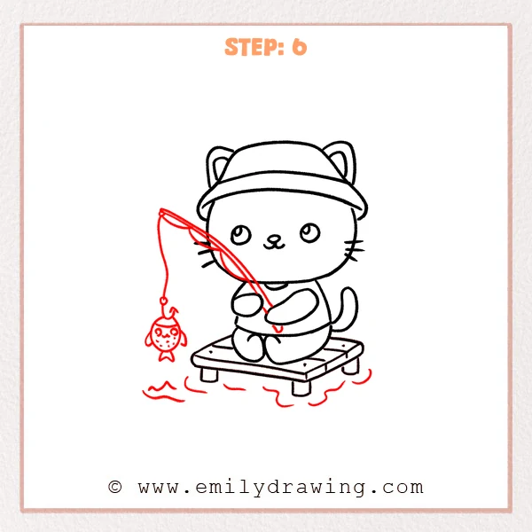 how to draw a fishing - Step 6 of a fishing cat drawing tutorial shows the cat fishing, with a curved fishing rod and line added, a small fish hanging from the hook, and wavy water lines beneath the stool.