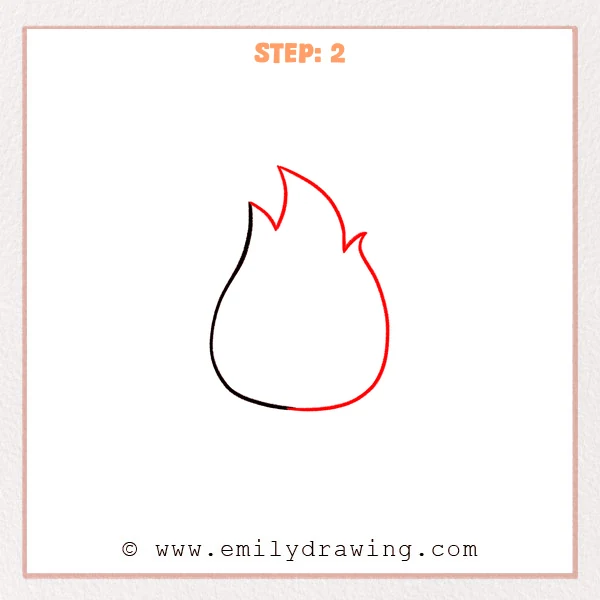 how to draw a flames - Step 2 of how to draw flames shows the full flame outline completed with a rounded base and several pointed tongues at the top, forming a clear flame silhouette.