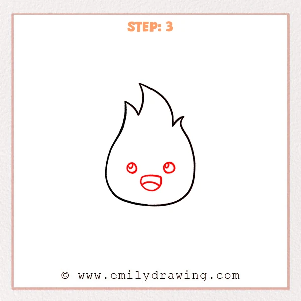 how to draw a flames - Step 3 of how to draw flames adds a cute face inside the flame shape, with two round eyes featuring small highlights and an open mouth with an inner curve.