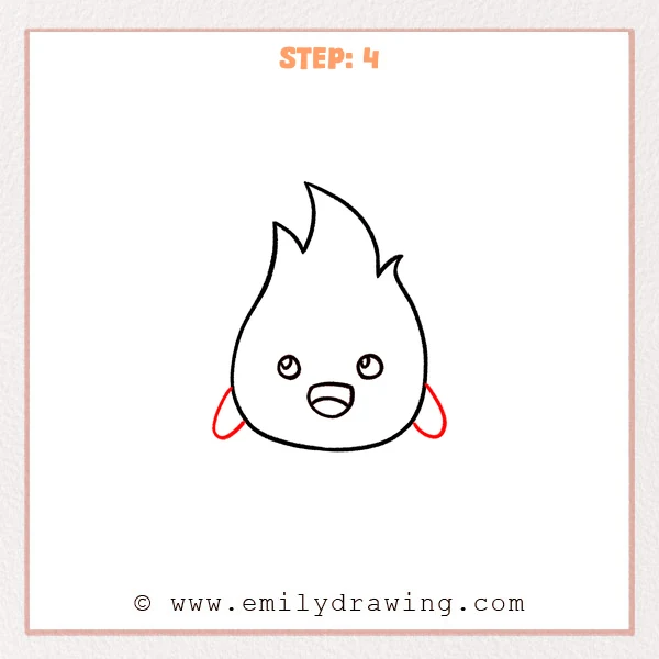how to draw a flames - Step 4 of how to draw flames adds two small oval arms on the lower left and right sides of the cute flame character, extending outward from the body.