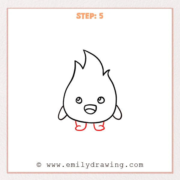 how to draw a flames - Step 5 of how to draw flames adds two short rounded feet under the flame character, with simple curved shapes and small toe bumps for a cute stance.