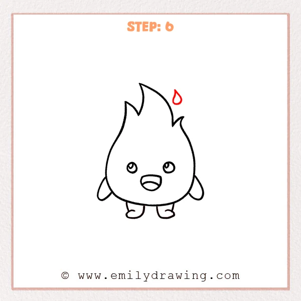how to draw a flames - Step 6 of how to draw flames adds a small teardrop-shaped spark floating near the top right of the cute flame character, suggesting a flickering ember.