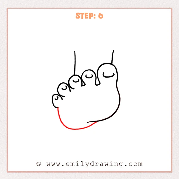 how to draw a foot - Step 6 of how to draw a leg—a long curved line is added under the toes to complete the sole and heel outline, connecting into the bottom edge.