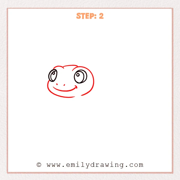 how to draw a gecko - Step 2 adds a rounded gecko head outline around the eyes, plus a smiling mouth and two small nostril dots.