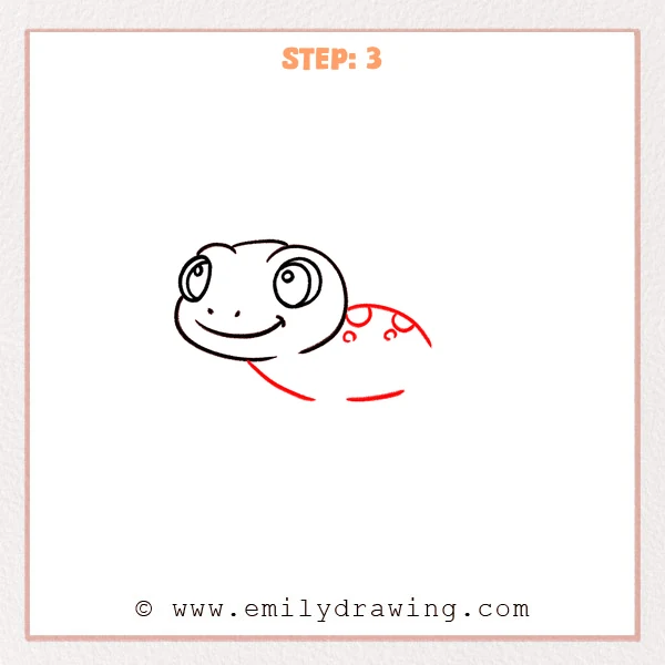 how to draw a gecko - Step 3 adds a curved gecko body behind the head, plus a neck line, belly curve, and a few simple spots on the back.