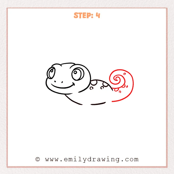 how to draw a gecko - Step 4 adds a large spiral gecko tail with an inner curl line, plus extra small spots on the tail and back.