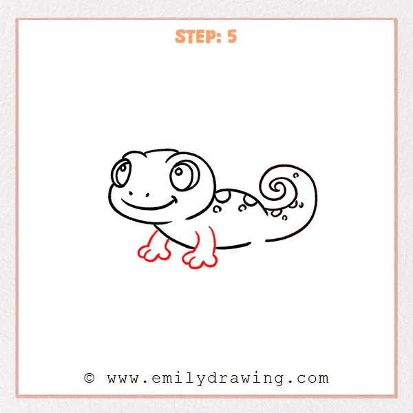 how to draw a gecko - Step 5 adds two simple front legs under the gecko body, each with rounded toes that spread like petals.