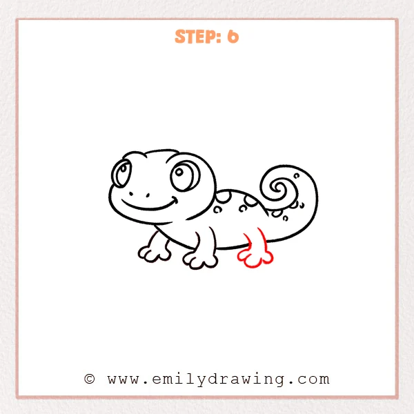 how to draw a gecko - Step 6 adds a simple back leg under the gecko’s body with a rounded foot and petal-shaped toes.