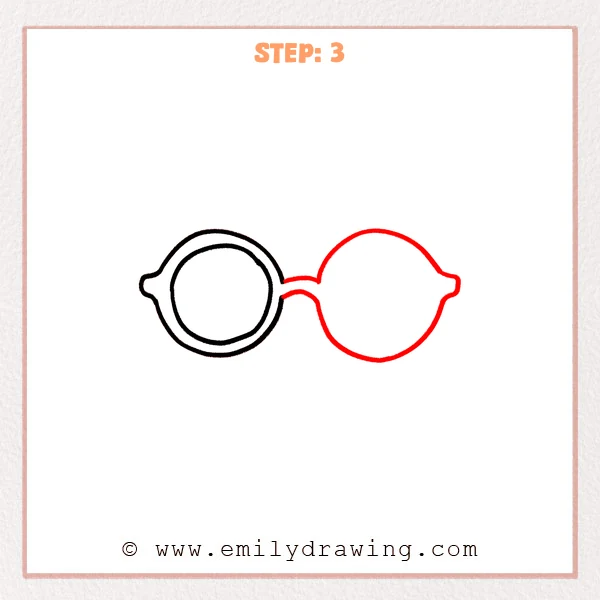 how to draw a glasses - A glasses sketch with a complete left lens and frame, a new right circular frame with a side bump, and a curved bridge connecting both frames.