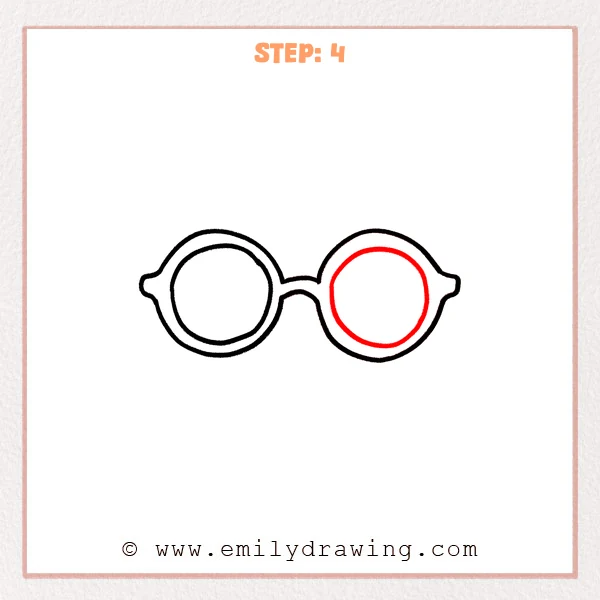 how to draw a glasses - A glasses drawing with the right lens now thickened into a full frame and a new inner rim added, matching the completed left lens.