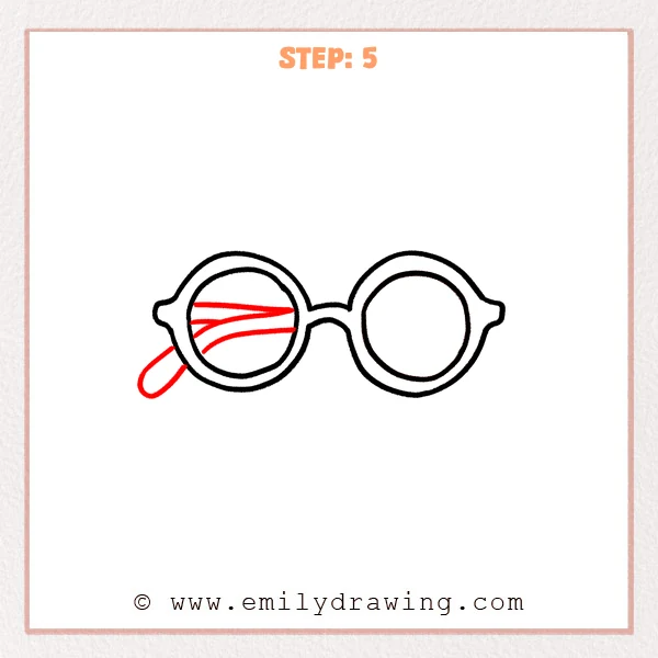 how to draw a glasses - A completed glasses drawing with a new left temple arm and small oval tip added, plus a few curved highlight lines inside the left lens.