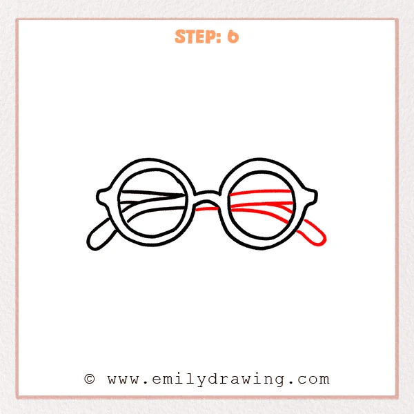 how to draw a glasses - A completed glasses drawing with both temple arms and matching curved highlight lines inside each lens, plus a smoother bridge.