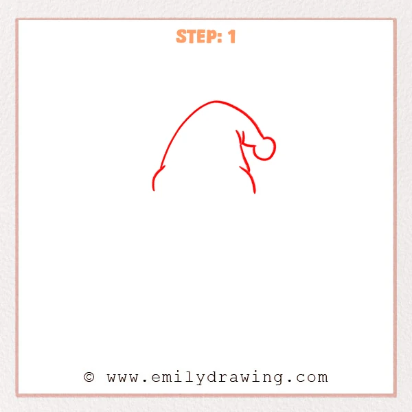 how to draw a gnome - A gnome drawing begins with a curved, drooping hat outline and a round pom-pom connected at the tip.