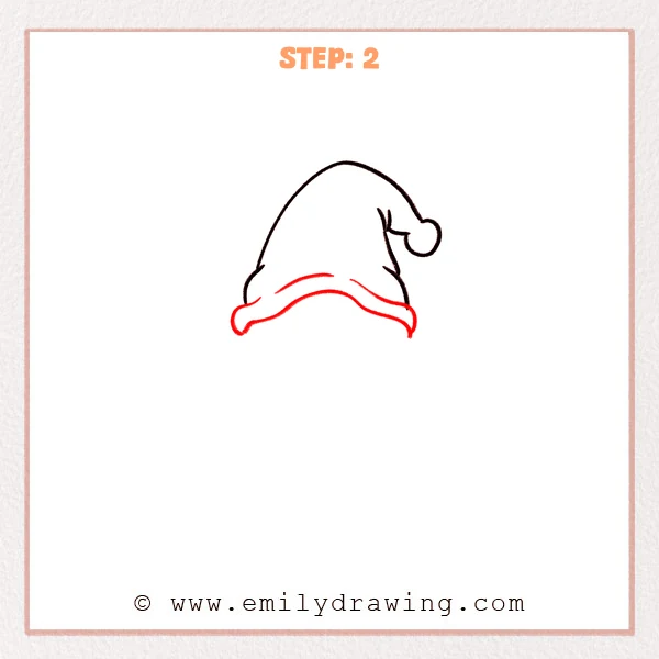 how to draw a gnome - The gnome hat now has a wavy brim line and an inner fold line, showing a soft rolled edge beneath the drooping hat and pom-pom.