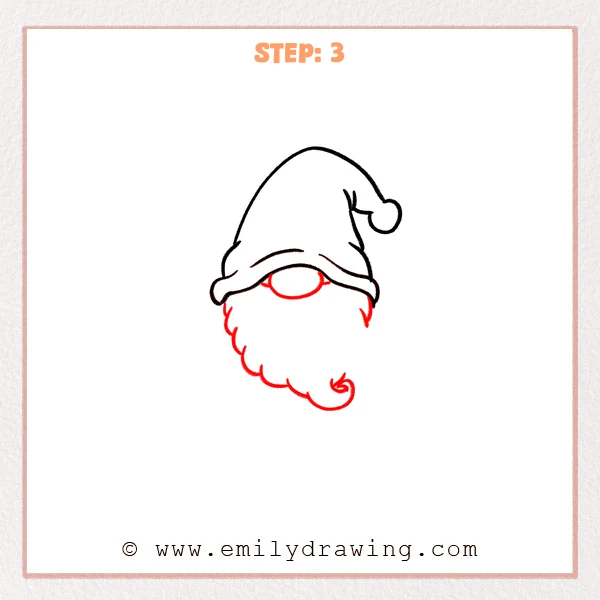 how to draw a gnome - The gnome now has an oval nose under the hat brim and a fluffy scalloped beard outline with a small curl at the bottom.
