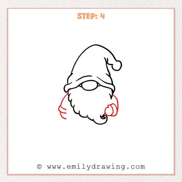 how to draw a gnome - The gnome drawing now includes two curved arms beside the beard and a rounded mitten on the right with a thumb line added.