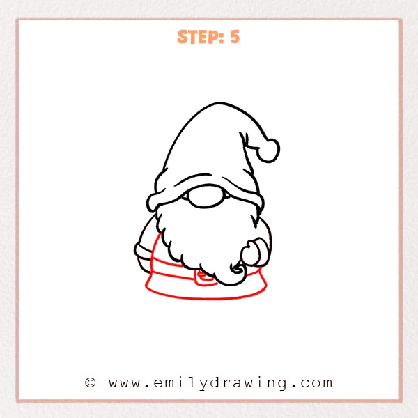 how to draw a gnome - The gnome now has a rounded shirt body under the beard, with two horizontal bands and a small center buckle/badge detail.