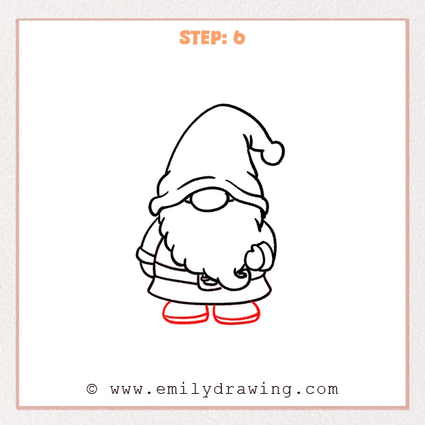 how to draw a gnome - The gnome now has two small rounded boots under the shirt hem, each with an inner line showing the boot top and sole.