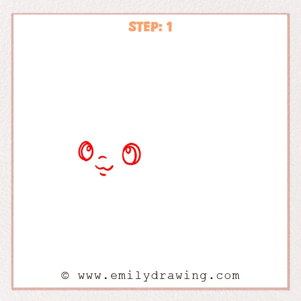 how to draw a goldfish - Step 1 of how to draw a goldfish shows two large oval eyes with a small curved nose and a simple smiling mouth, establishing the cute facial expression.
