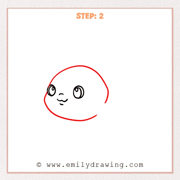 how to draw a goldfish - Step 2 of how to draw a goldfish adds a big rounded body outline around the face and leaves an opening on the right side for the tail.