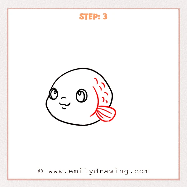 how to draw a goldfish - Step 3 of how to draw a goldfish adds a small leaf-shaped tail fin with curved fin rays and a few simple scale marks on the rear body.