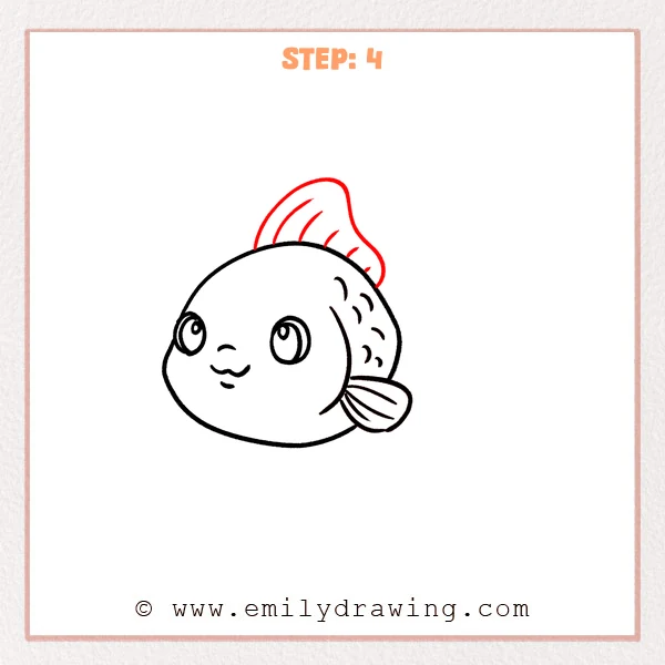 how to draw a goldfish - Step 4 of how to draw a goldfish adds a tall wavy dorsal fin on top with curved fin-ray lines to strengthen the goldfish silhouette.
