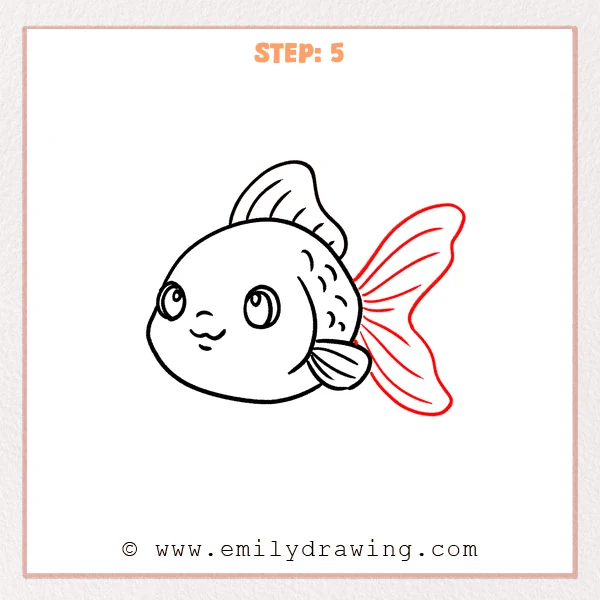 how to draw a goldfish - Step 5 of how to draw a goldfish enlarges the tail into a big butterfly-shaped fin and adds long curved fin rays fanning outward.