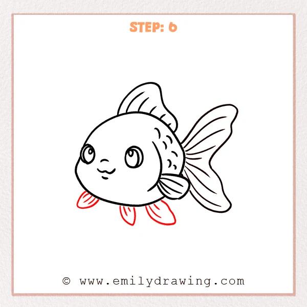 how to draw a goldfish - Step 6 of how to draw a goldfish adds two to three small bottom fins under the belly with simple curved fin-ray lines for extra detail.
