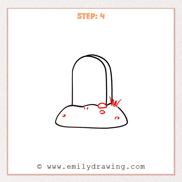 how to draw a grave - A simple grave drawing with a dirt mound at the base, plus small curved pebble marks and a tuft of grass on the right.