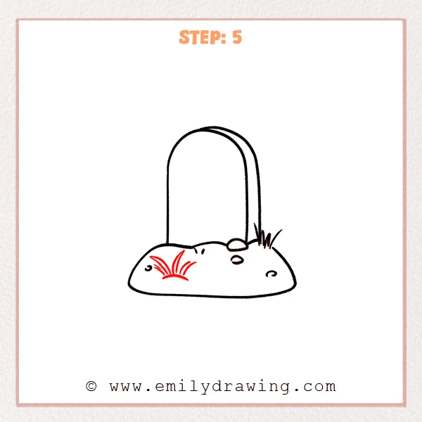 how to draw a grave - A simple grave with a dirt mound, pebble marks, right-side grass, and a new left-side tuft of grass added for extra detail.