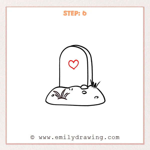 how to draw a grave - A simple grave drawing with a dirt mound, small ground details, and a heart symbol added on the front of the grave.