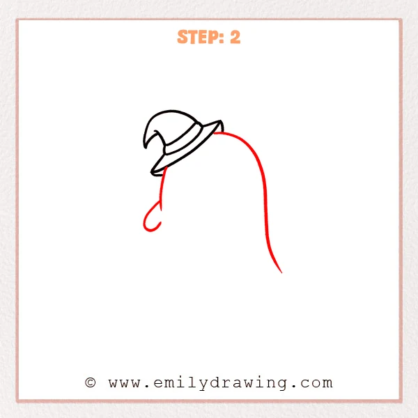 how to draw a halloween - A halloween sketch showing the tilted hat now sitting above a long, flowing ghost cloak outline with a small curled hook detail.