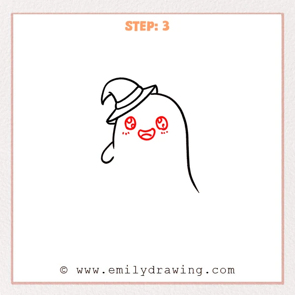 how to draw a halloween - A halloween ghost drawing with a tilted hat now has big spiral eyes, an open smiling mouth, and small cheek dots.