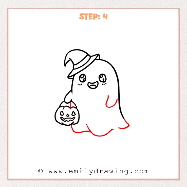 how to draw a halloween - A halloween ghost character now holds a jack-o’-lantern treat bucket, with added arms and a wavy bottom hem under the tilted hat.