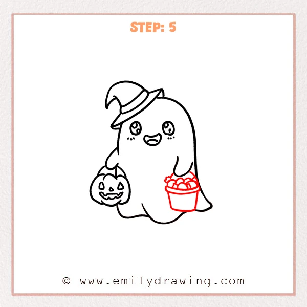 how to draw a halloween - A halloween ghost now holds an extra candy bucket on the right, with a thick rim and a pile of candies added inside.